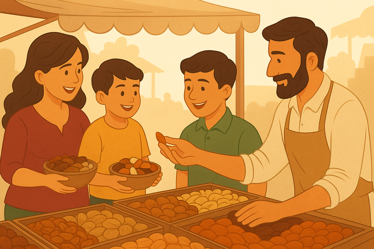 Family enjoying dry fruits at market